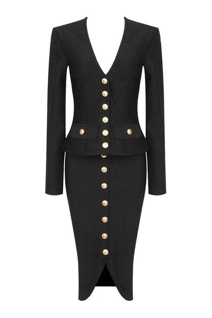 V-Neck Long Sleeve Single Breasted Blazer & Mid Waist Midi Skirt Set