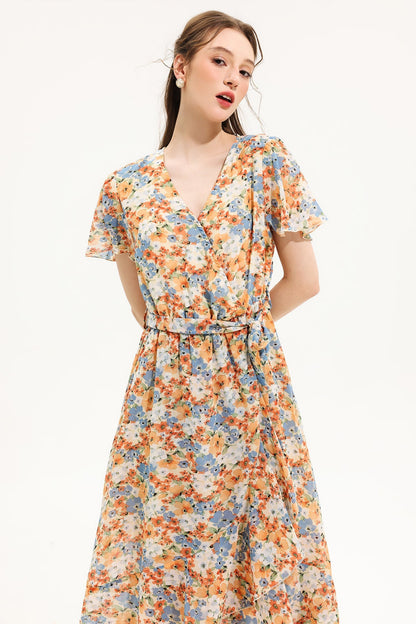 Floral V-Neck Short Sleeve Midi Dress Yellow