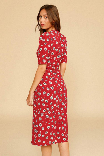 Floral V-Neck Mid Sleeve Midi Dress