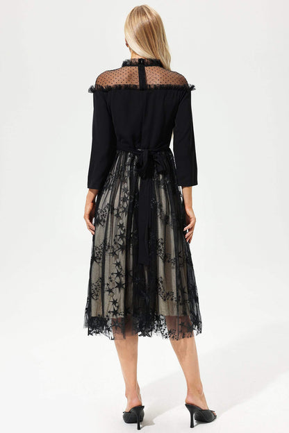 Long Sleeve Crew Collar Lace Midi Dress Black