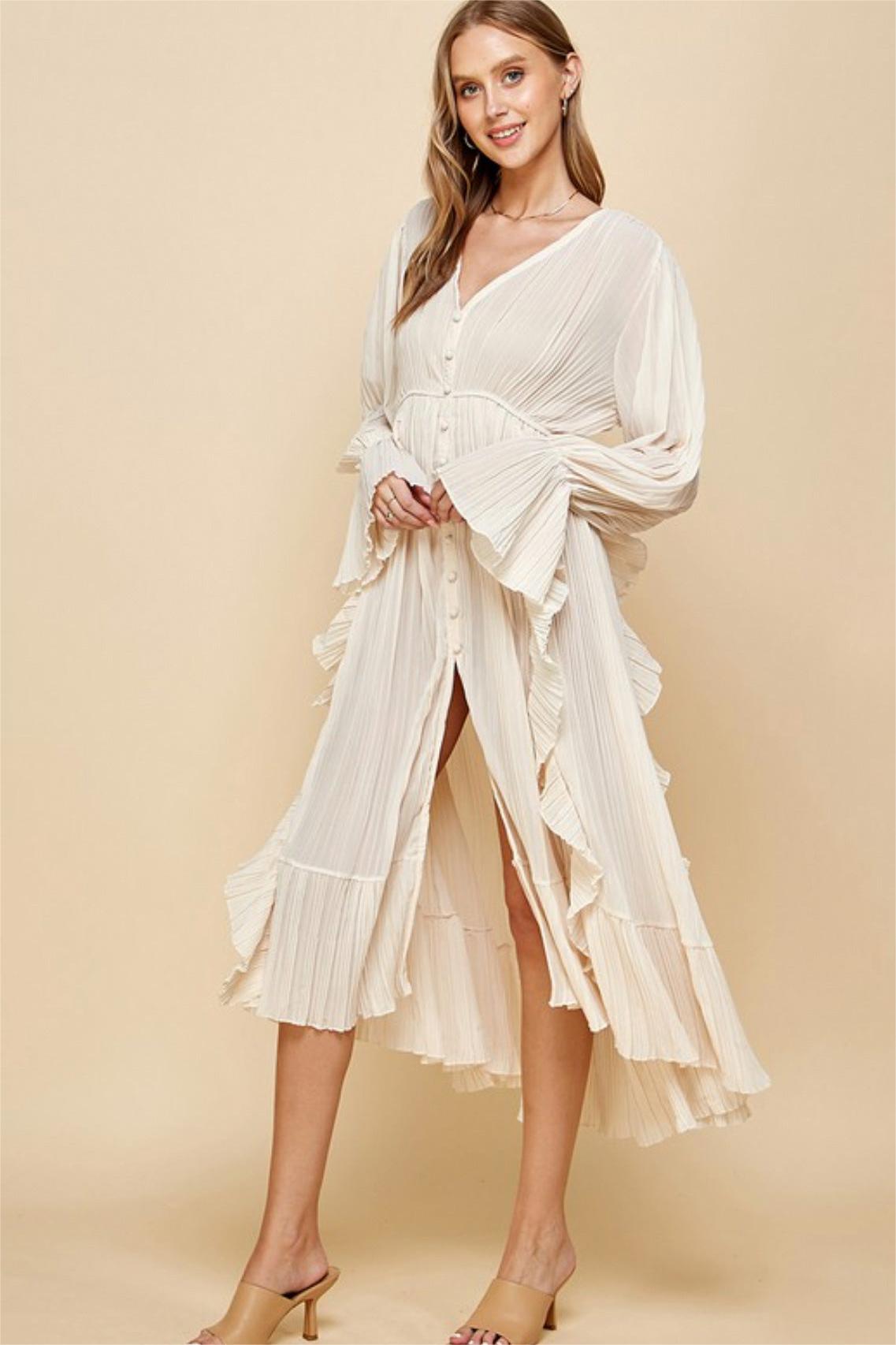 Solid Ruched Single Breasted Ruffle Midi Dress