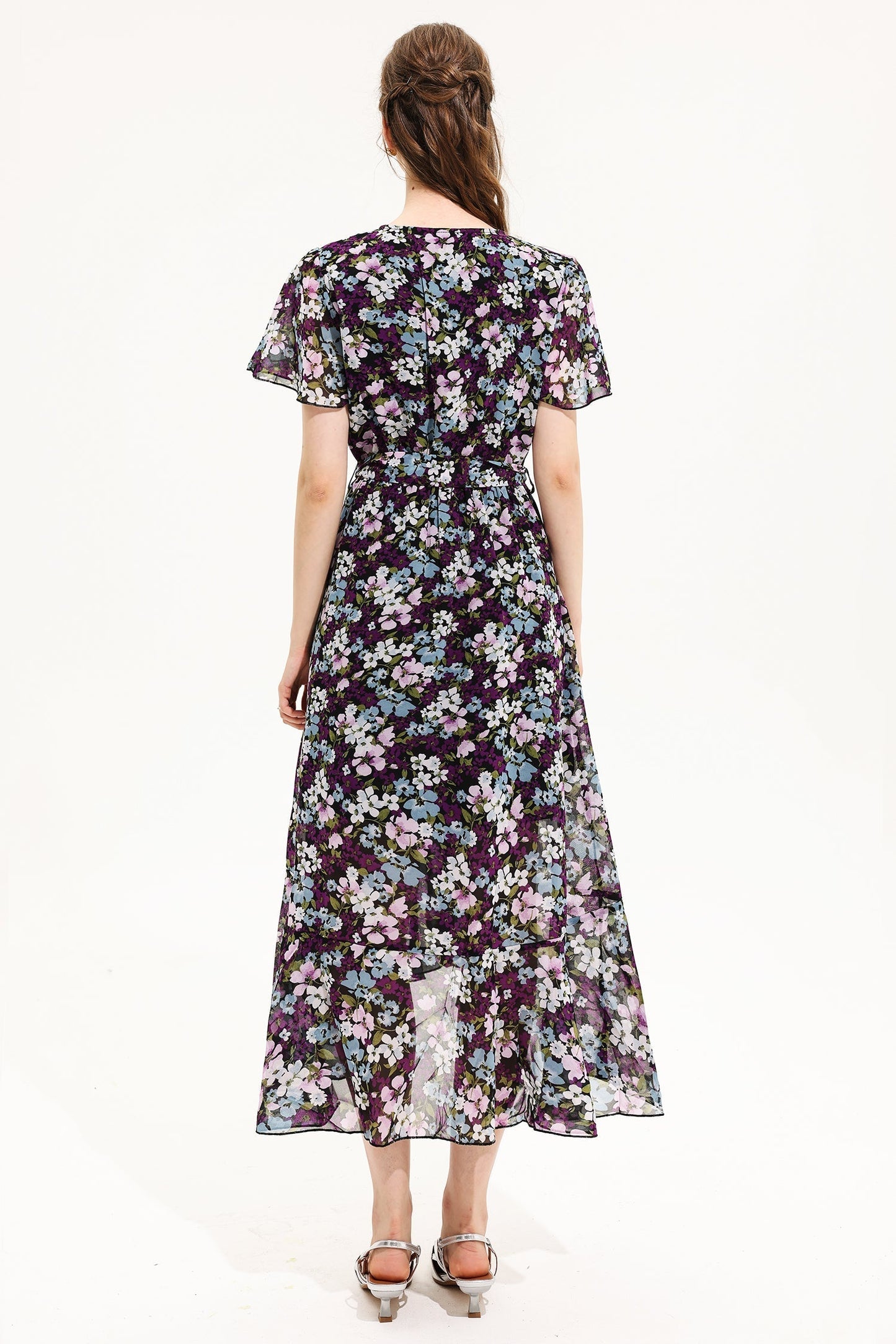 Floral V-Neck Short Sleeve Midi Dress Yellow