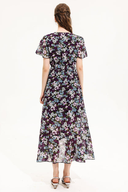 Floral V-Neck Short Sleeve Midi Dress Yellow