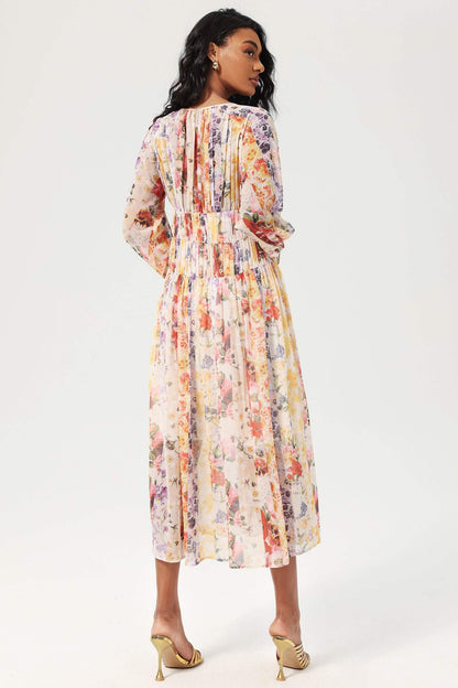 Floral V-Neck Lantern Sleeve Midi Dress