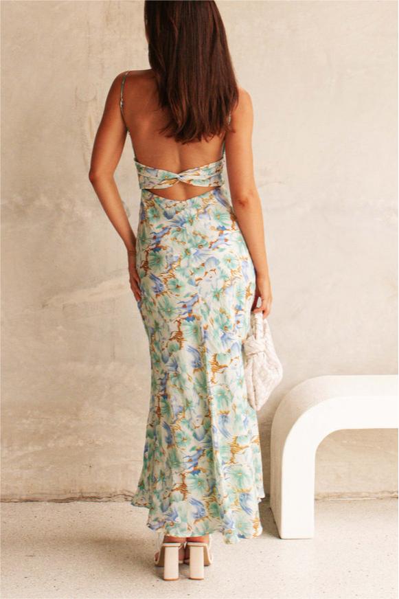 Floral Backless Lace Up Maxi Dress
