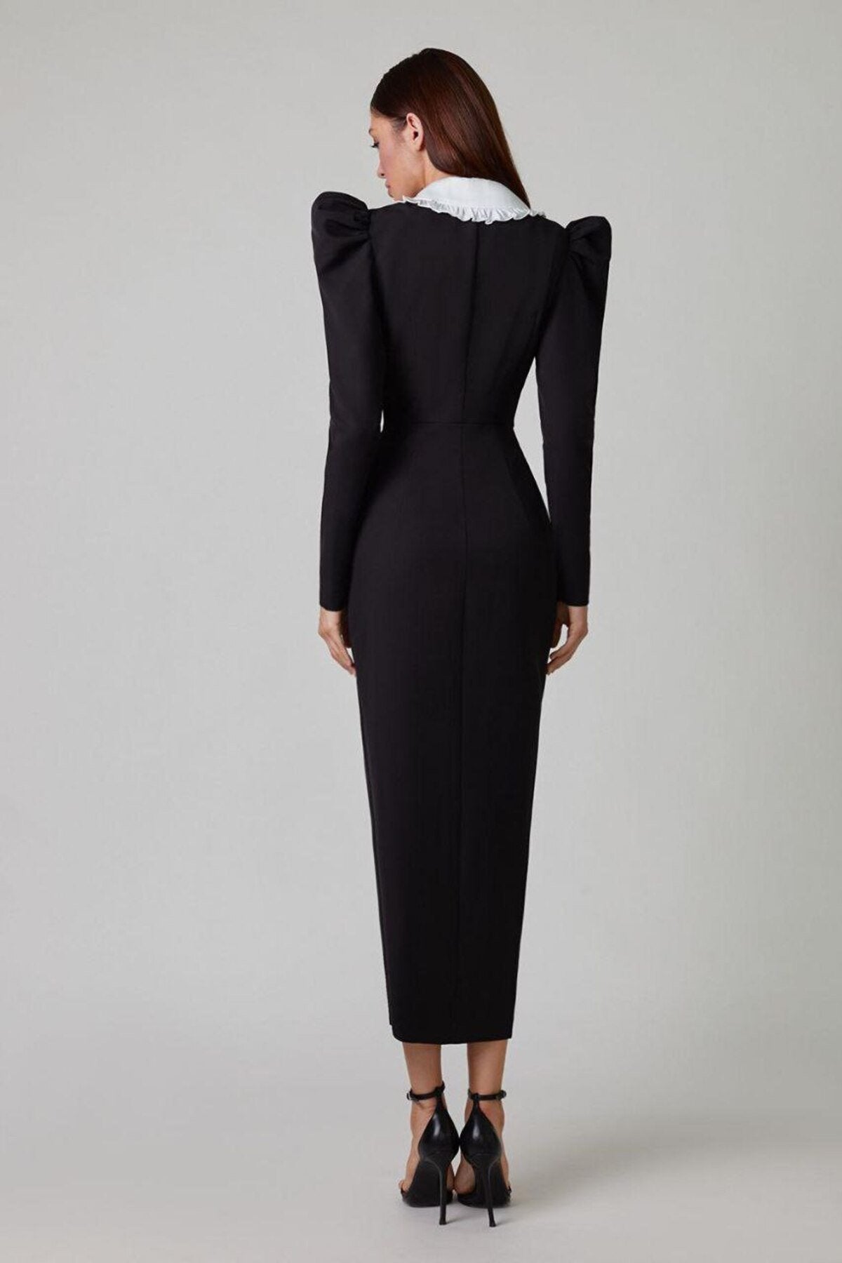 Ruffled Swallow Contrasting Collar Long Sleeve Split Midi Dress