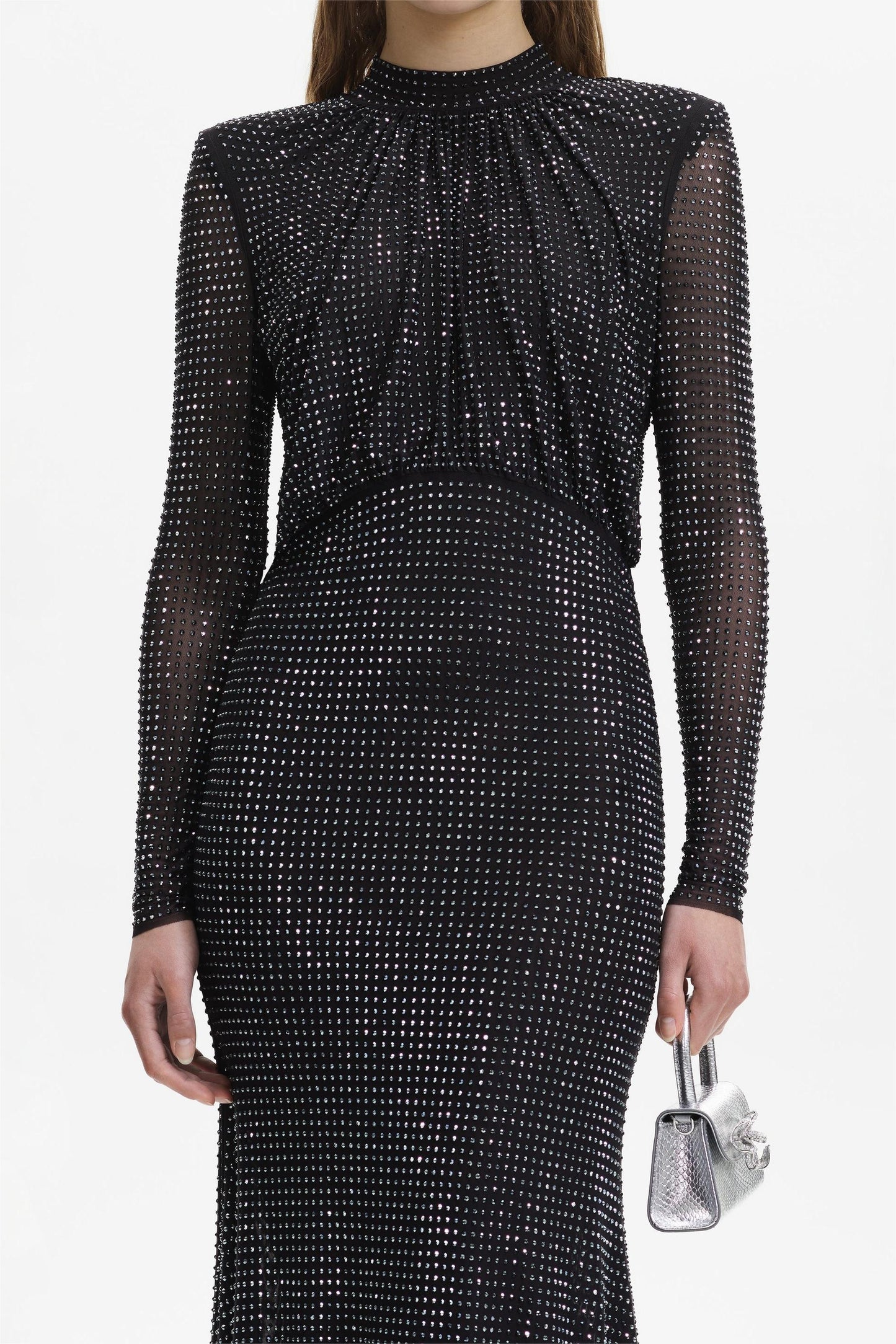 Rhinestone Stand Collar Solid Mermaid Maxi Dress