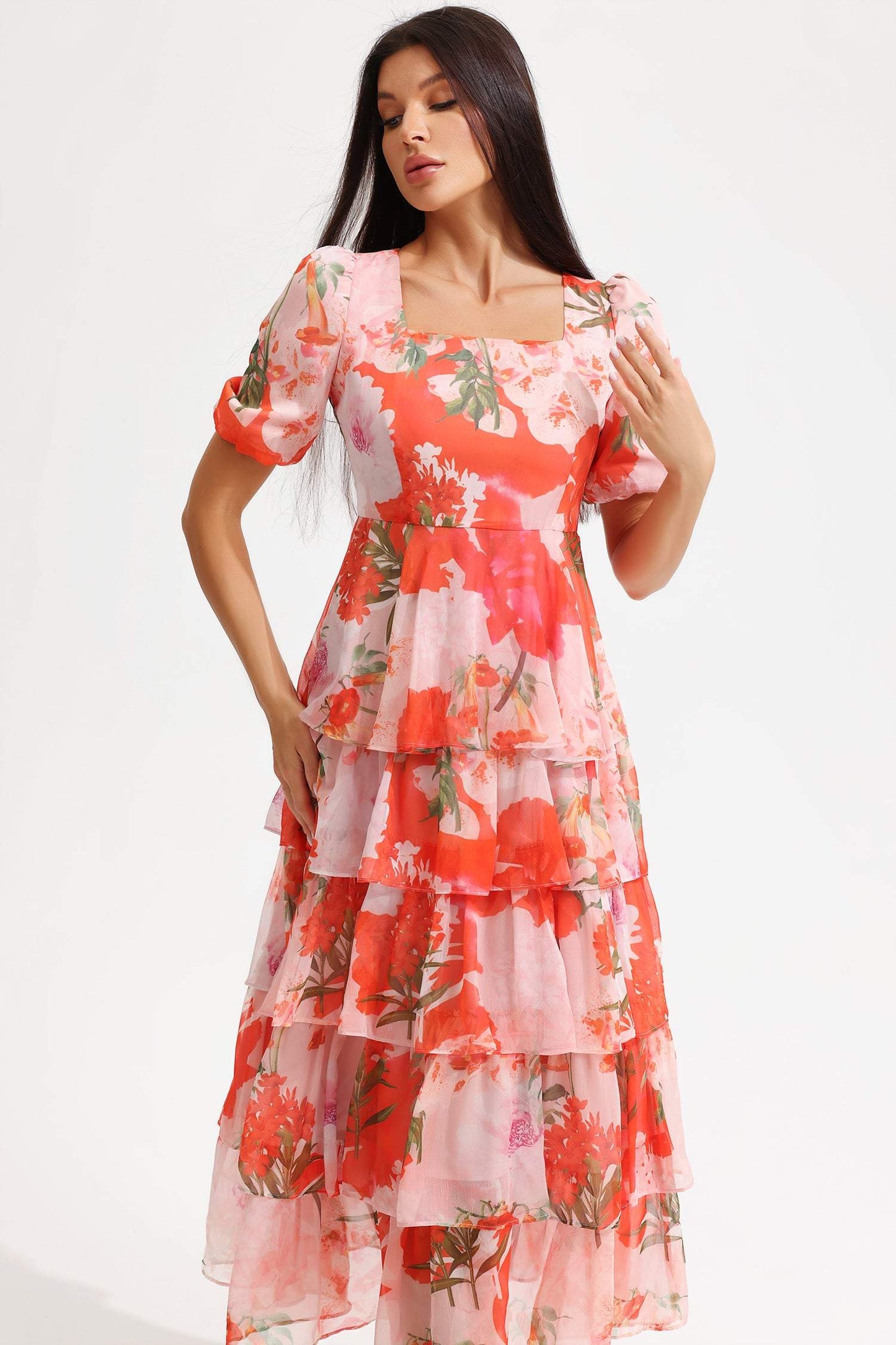 Floral Square Collar Lantern Sleeve Tapered Waist Midi Dress