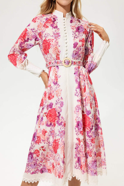 Floral Long Sleeve Buttoned Belted Midi Dress Red