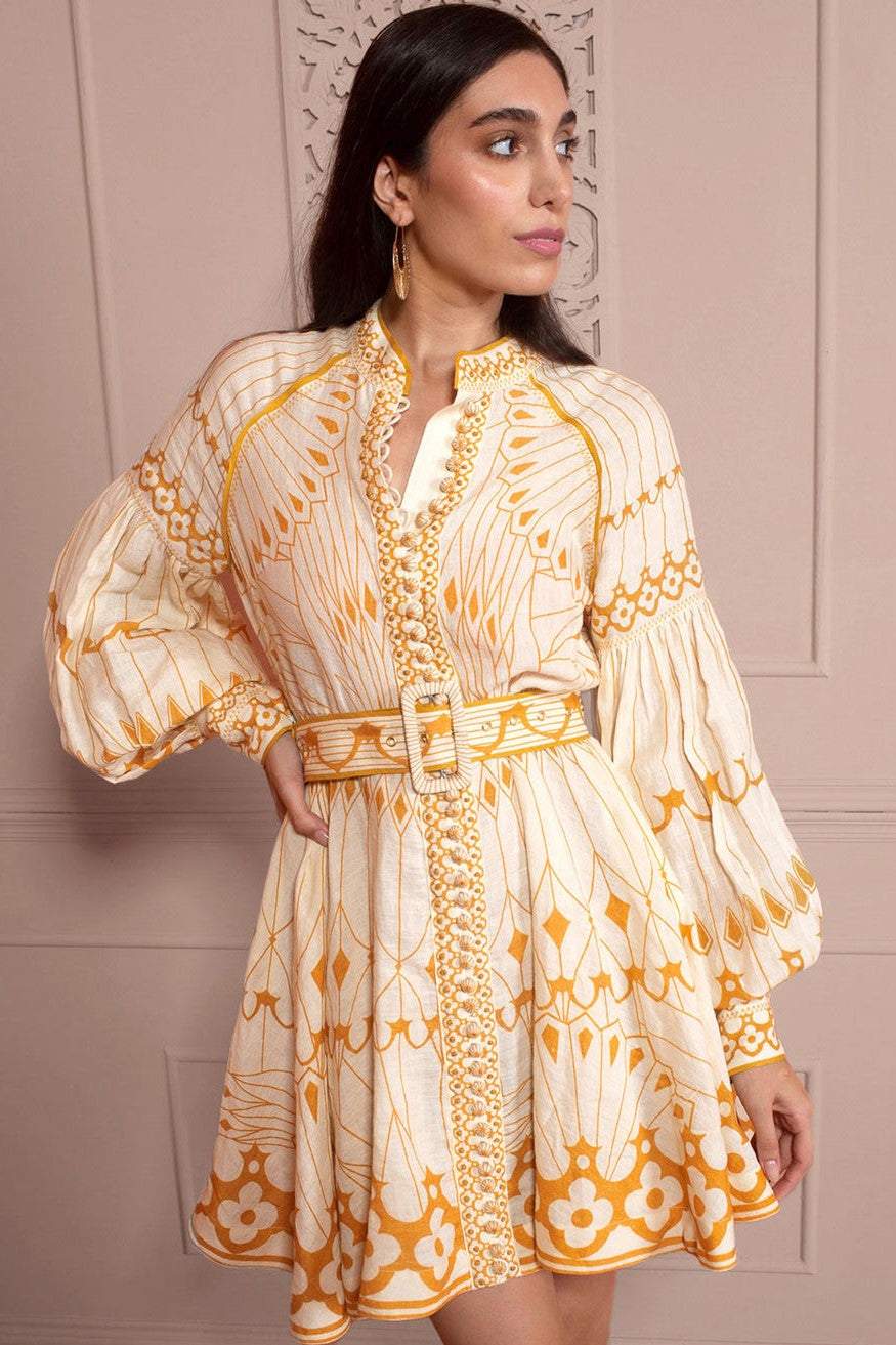 Geometric Pattern Lantern Sleeve Mini Dress