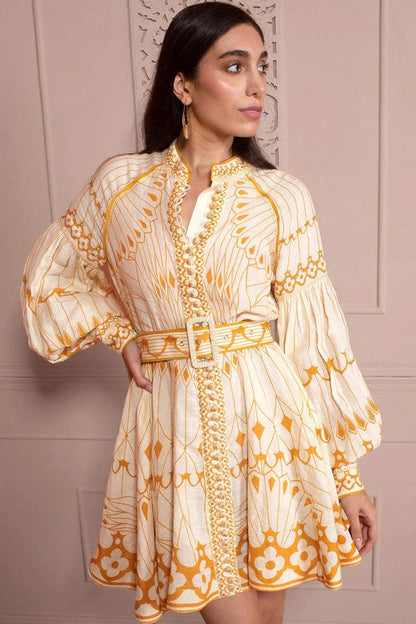 Geometric Pattern Lantern Sleeve Mini Dress