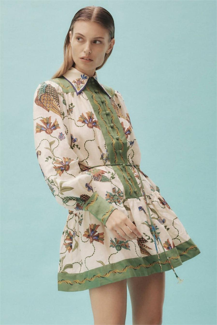 Floral Single Breasted Shirt Collar Long Sleeve Mini Dress