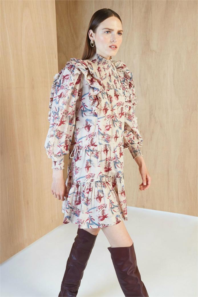 Floral Stand Collar Lantern Sleeve Mini Dress