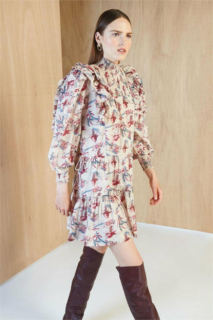 Floral Stand Collar Lantern Sleeve Mini Dress