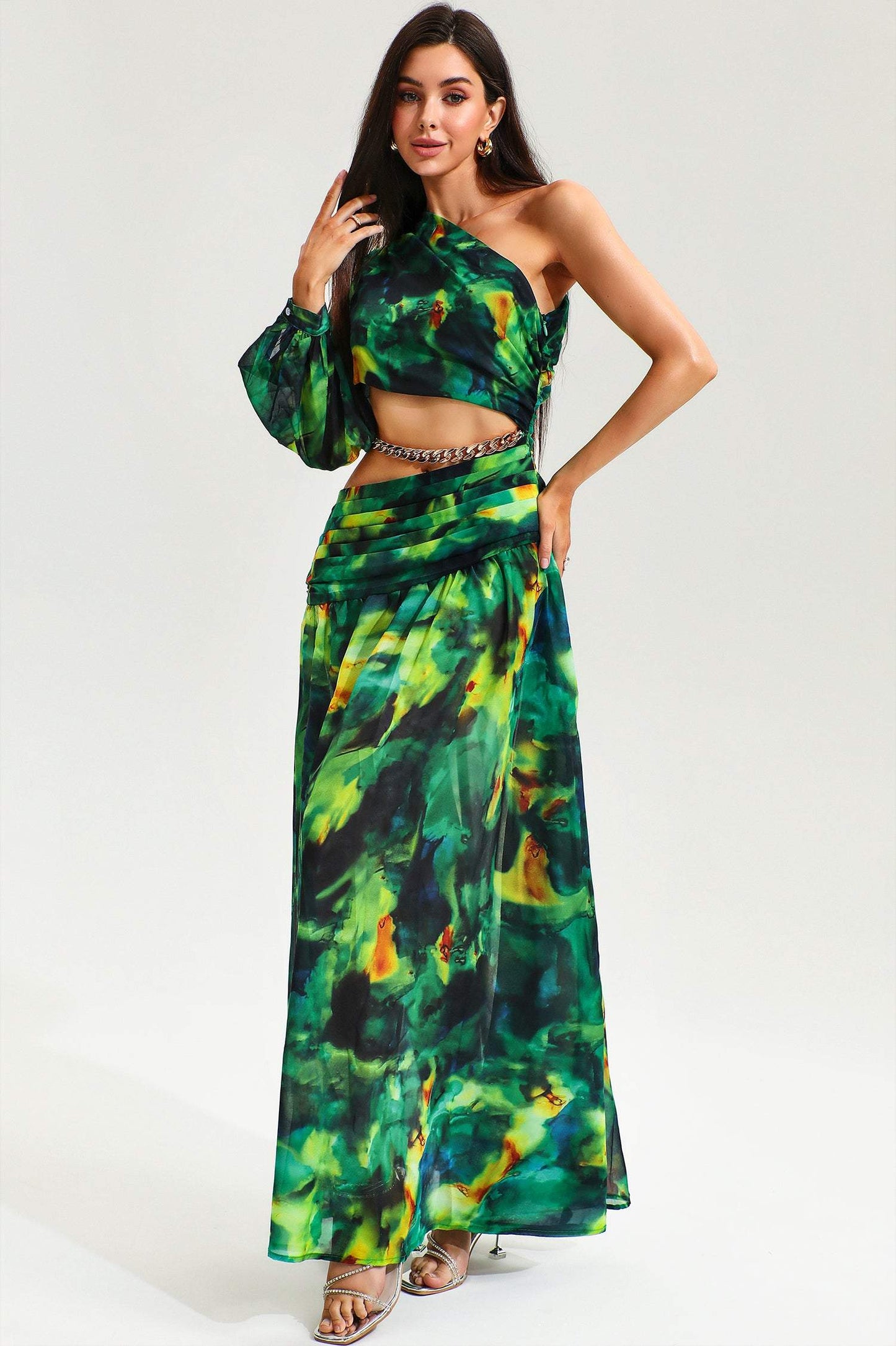 Printed One-Shoulder Cut-Out Ruched Slit Maxi Dress Green
