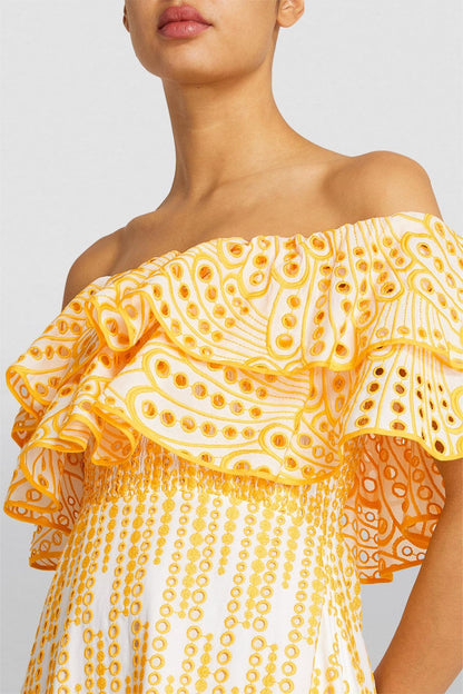 Embroidered Off-Shoulder Smocking Midi Dress