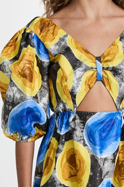 Floral V-Neck Puff Sleeve Cut-Out Midi Dress