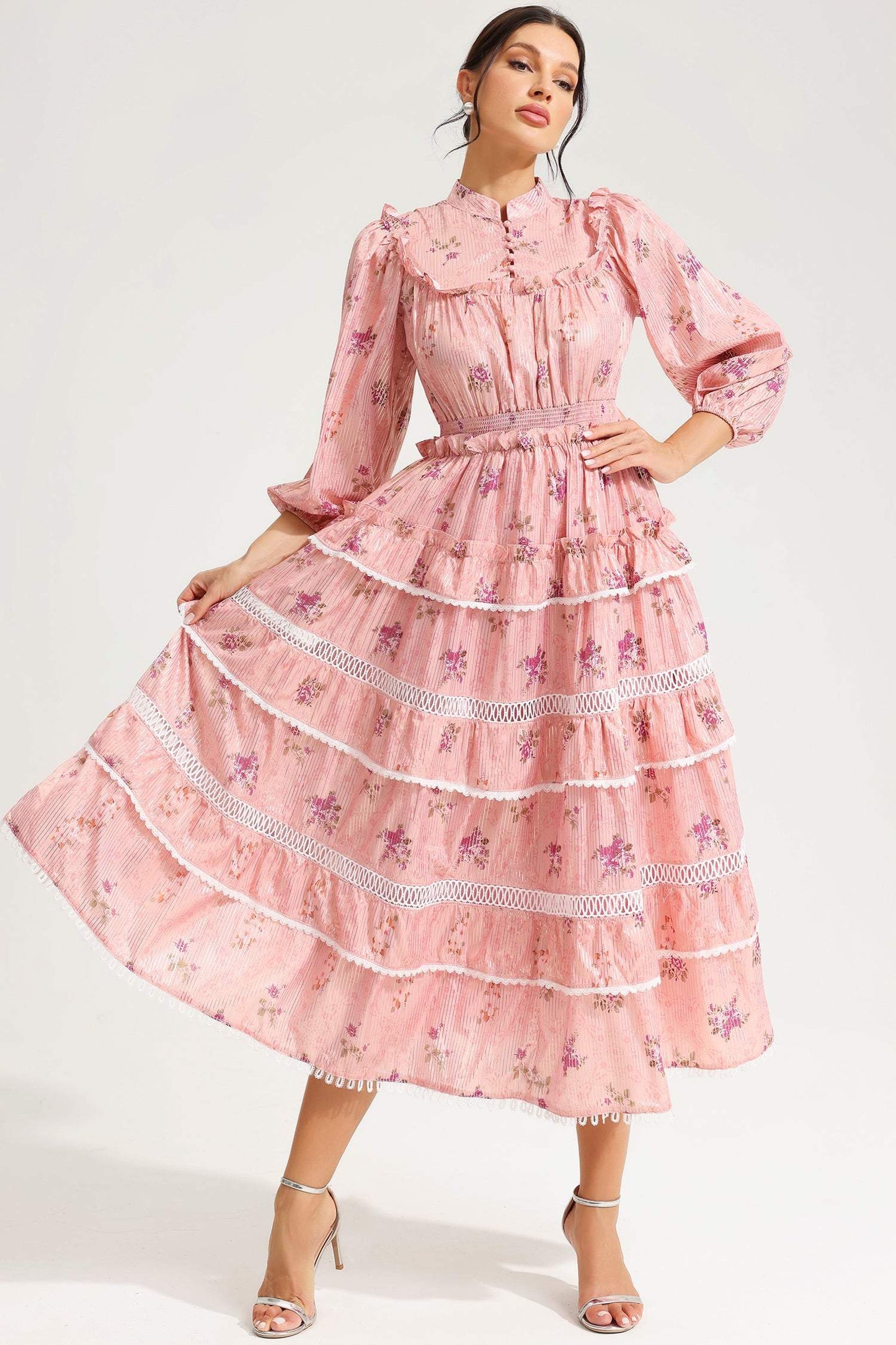 Floral Lantern Sleeve Buckle Midi Dress Pink