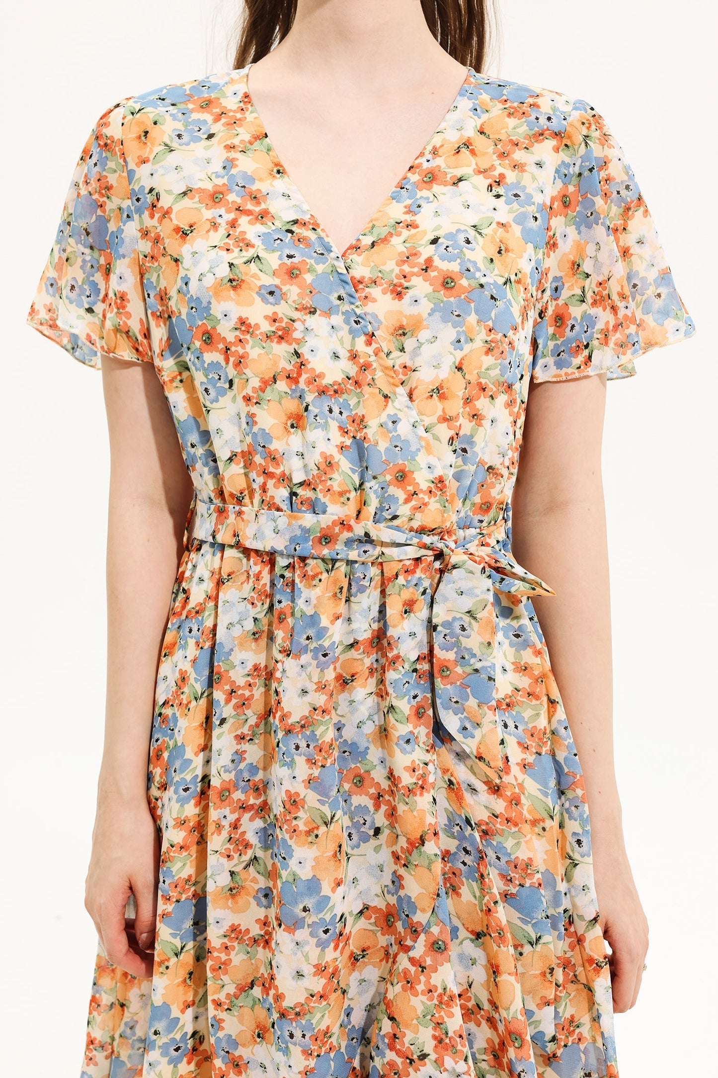 Floral V-Neck Short Sleeve Midi Dress Yellow