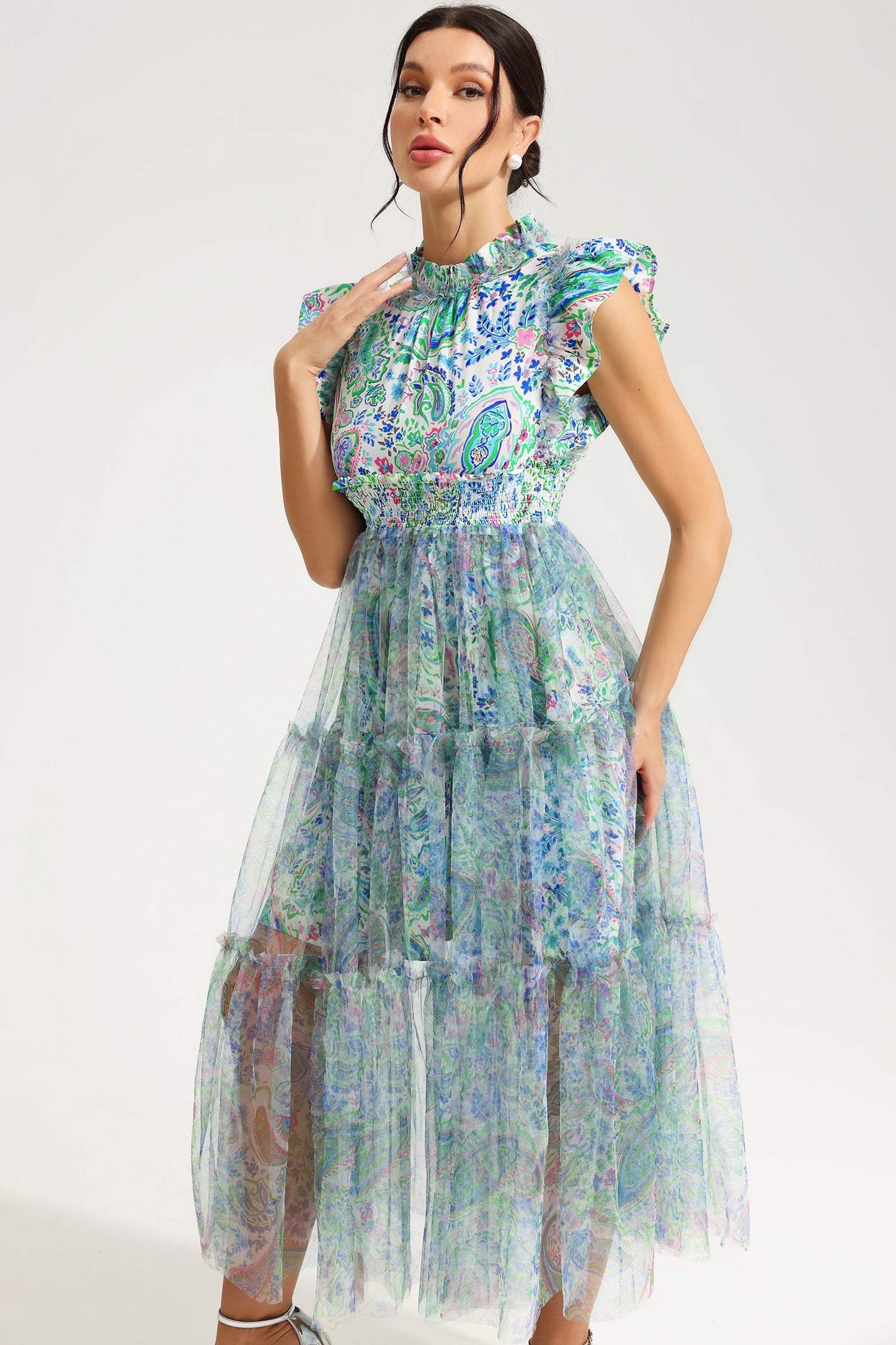 Abstract Print Flutter Sleeve Crew Collar Midi Dress