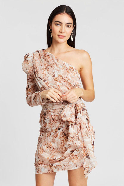 Floral One-Shoulder Lace Up Mini Dress