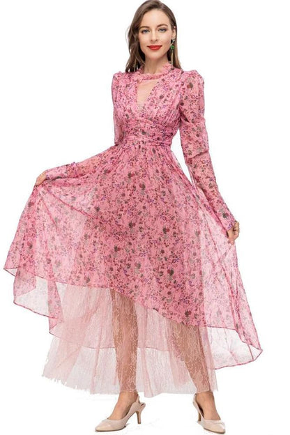 Floral Long Round Collar Lace Waist Midi Dress