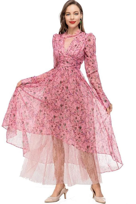 Floral Long Round Collar Lace Waist Midi Dress