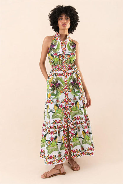 Botanical Halter Neck Button Sleeveless Maxi Dress