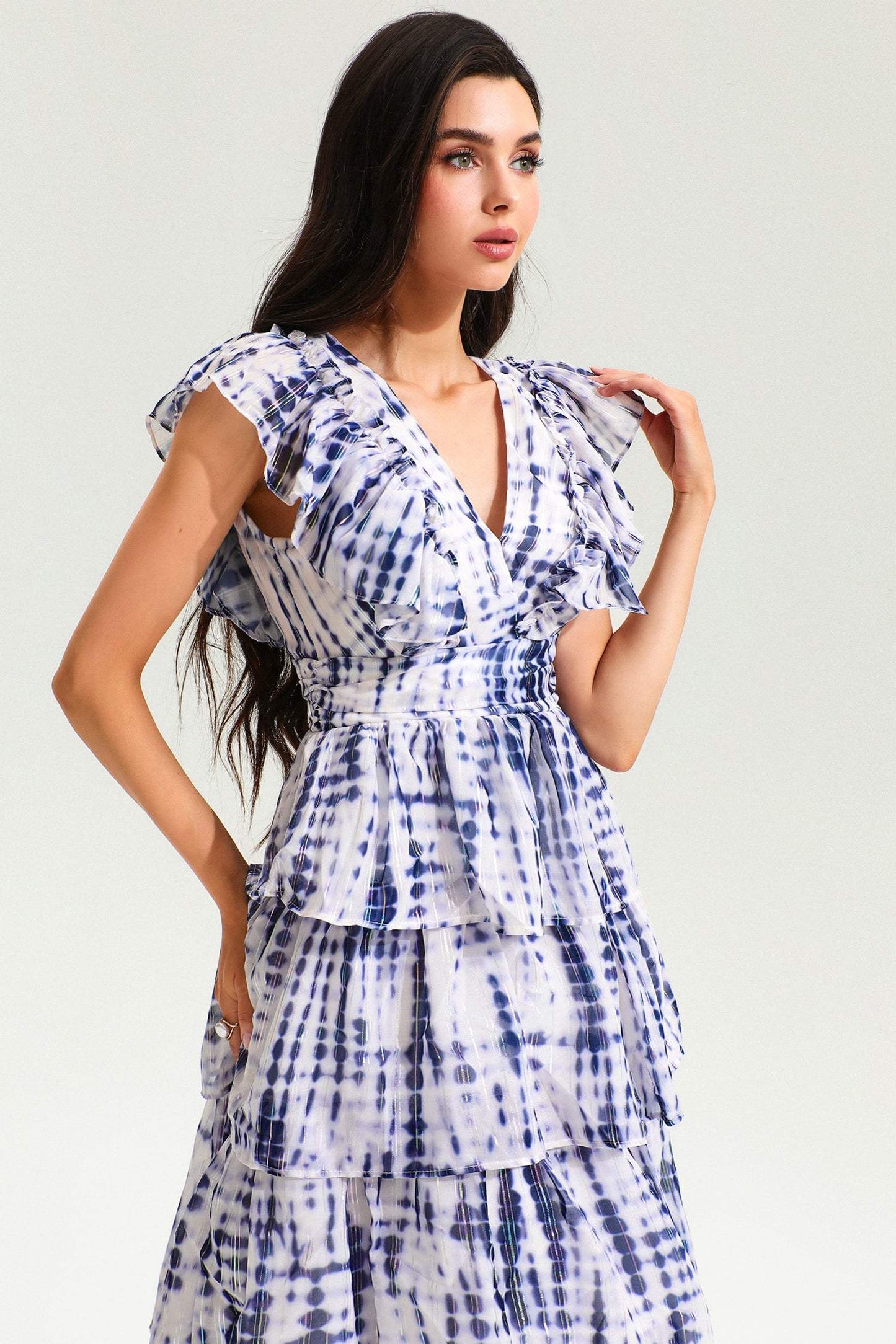 Abstract Print V-Neck Sleeveless Backless Midi Dress
