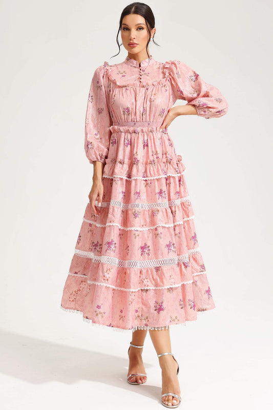 Floral Lantern Sleeve Buckle Midi Dress Pink