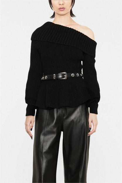 Knit Long Sleeve Diagonal Collar Sweater