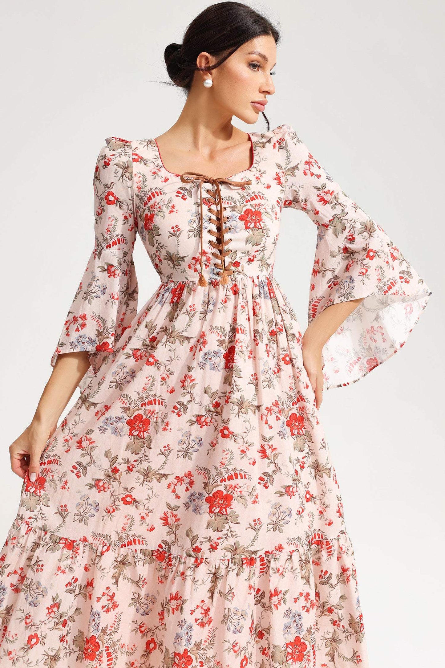 Floral Square Collar Flared Sleeve Lace Midi Dress