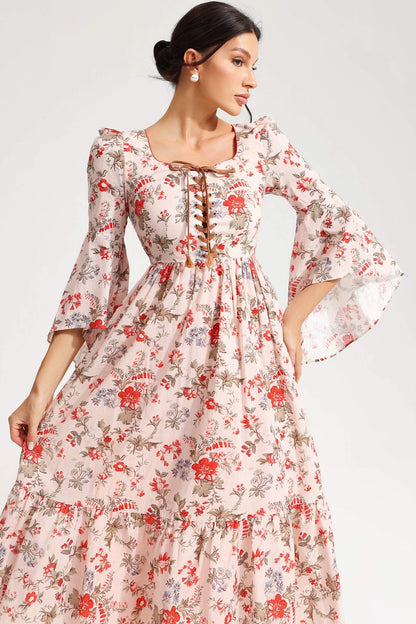 Floral Square Collar Flared Sleeve Lace Midi Dress