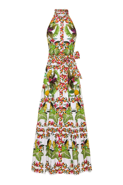 Botanical Halter Neck Button Sleeveless Maxi Dress