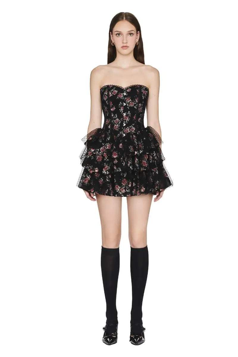Floral Lace Polka Dot Mesh Corset Mini Dress