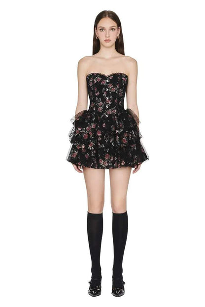 Floral Lace Polka Dot Mesh Corset Mini Dress