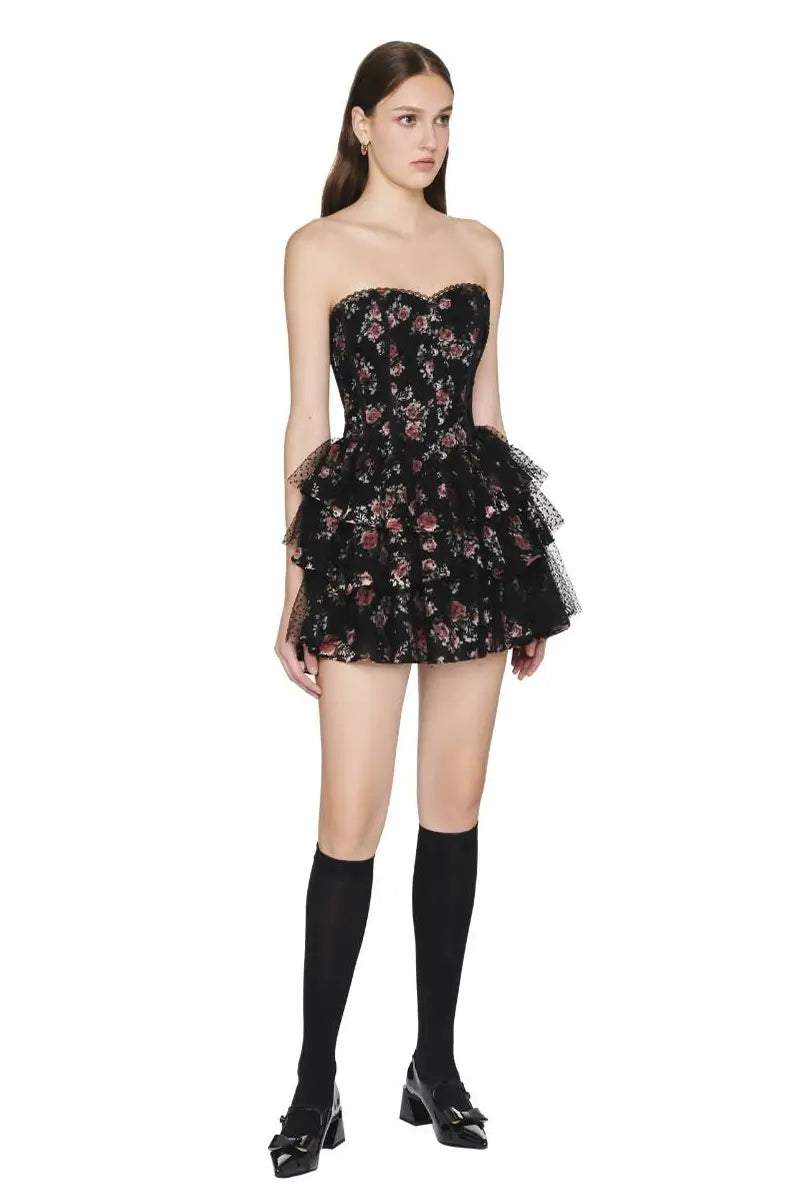 Floral Lace Polka Dot Mesh Corset Mini Dress