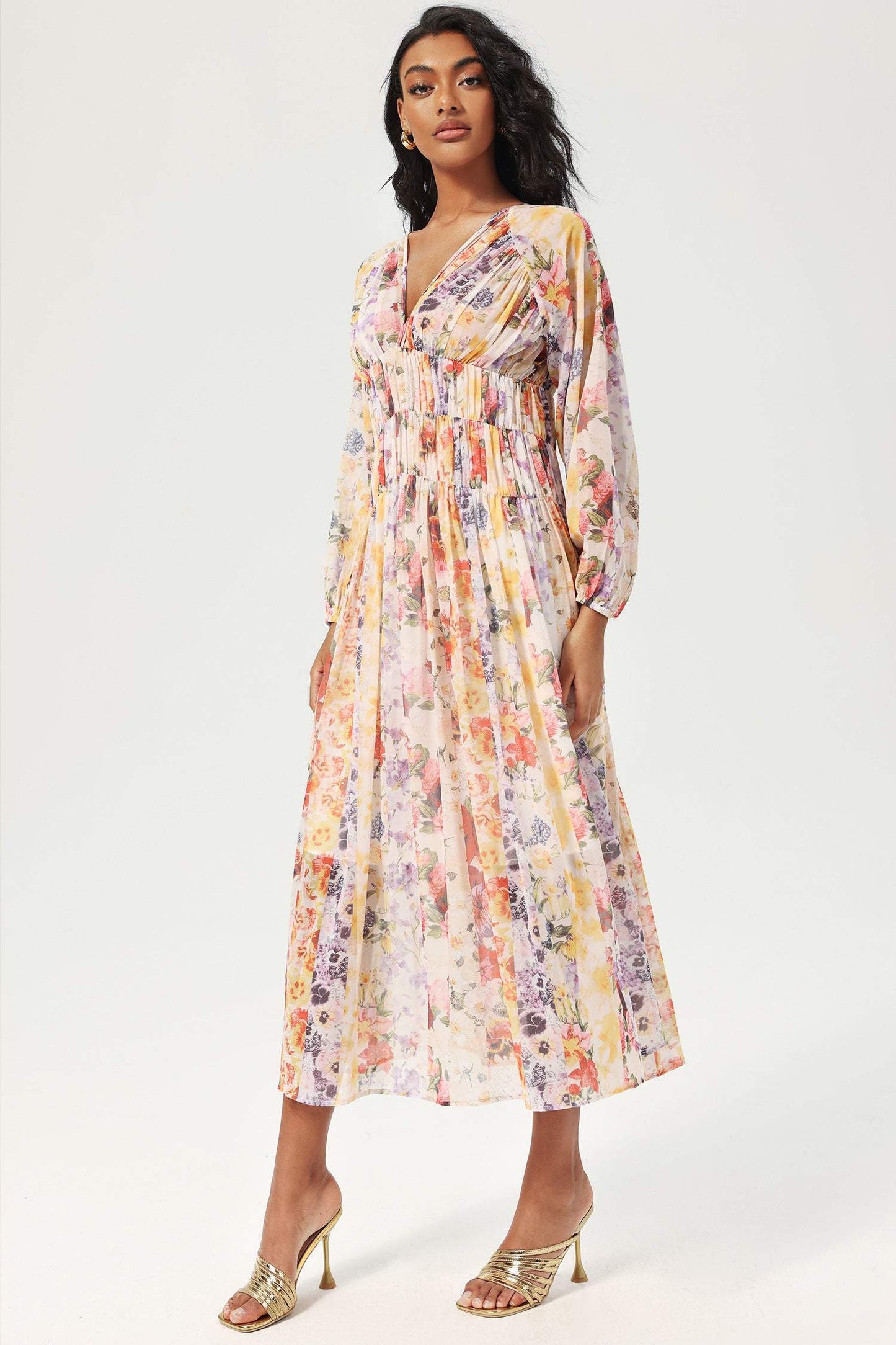 Floral V-Neck Lantern Sleeve Midi Dress