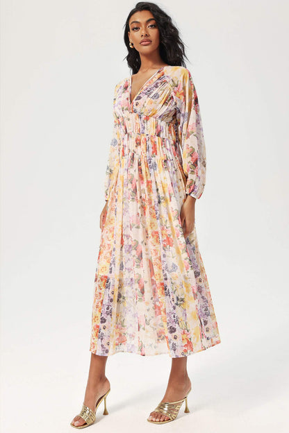 Floral V-Neck Lantern Sleeve Midi Dress