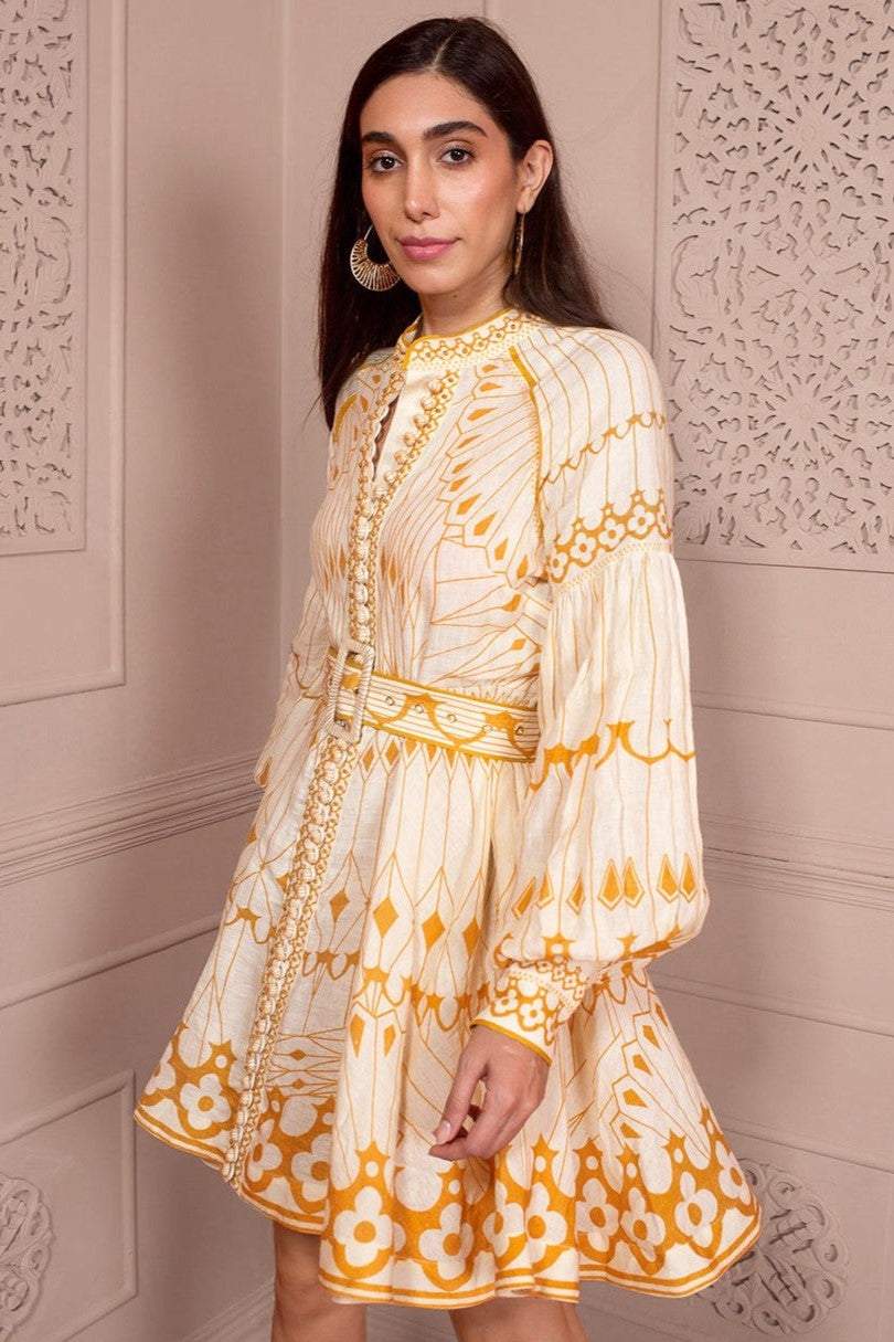 Geometric Pattern Lantern Sleeve Mini Dress