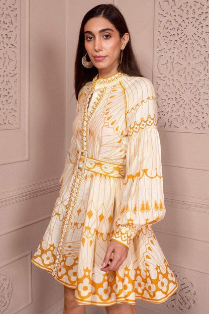 Geometric Pattern Lantern Sleeve Mini Dress