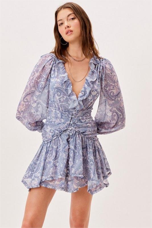 Floral V-Neck Long Sleeve Mini Dress