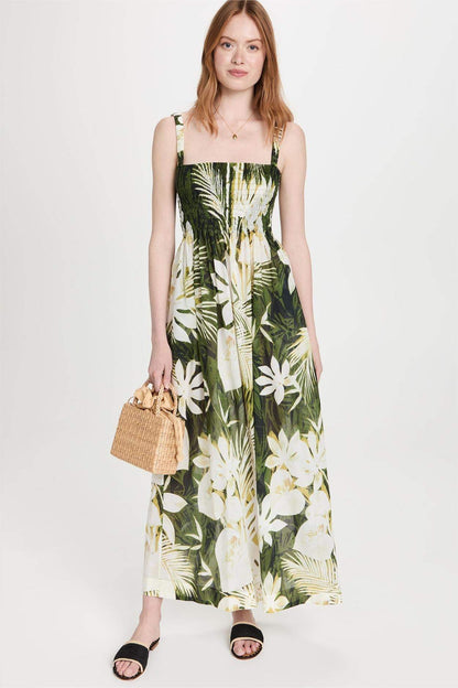 Botanical Print Sleeveless Slip Midi Dress