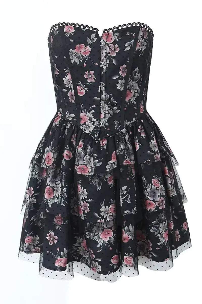 Floral Lace Polka Dot Mesh Corset Mini Dress