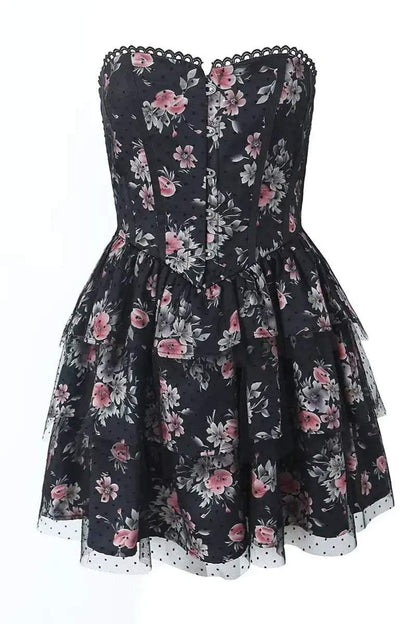 Floral Lace Polka Dot Mesh Corset Mini Dress
