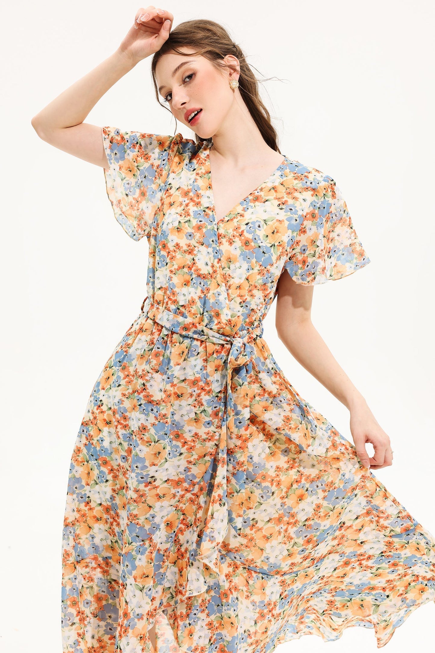 Floral V-Neck Short Sleeve Midi Dress Yellow