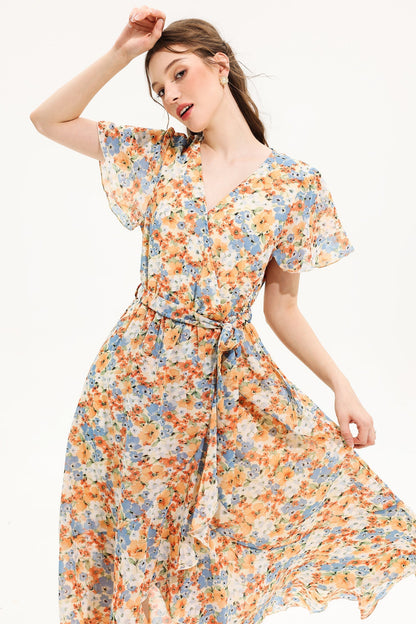 Floral V-Neck Short Sleeve Midi Dress Yellow
