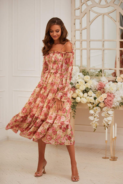 Floral Cami Off-Shoulder Long Sleeve Midi Dress