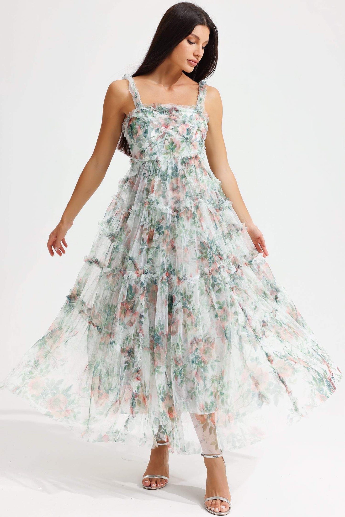 Floral Cami Tapered Waist Frill Hem Midi Dress Green