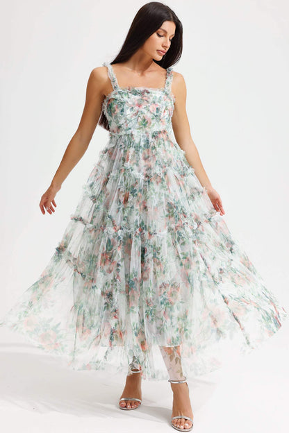 Floral Cami Tapered Waist Frill Hem Midi Dress Green